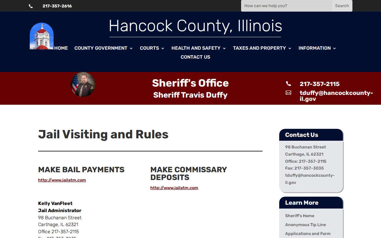 Hancock County Jail rules and visiting page for custody information