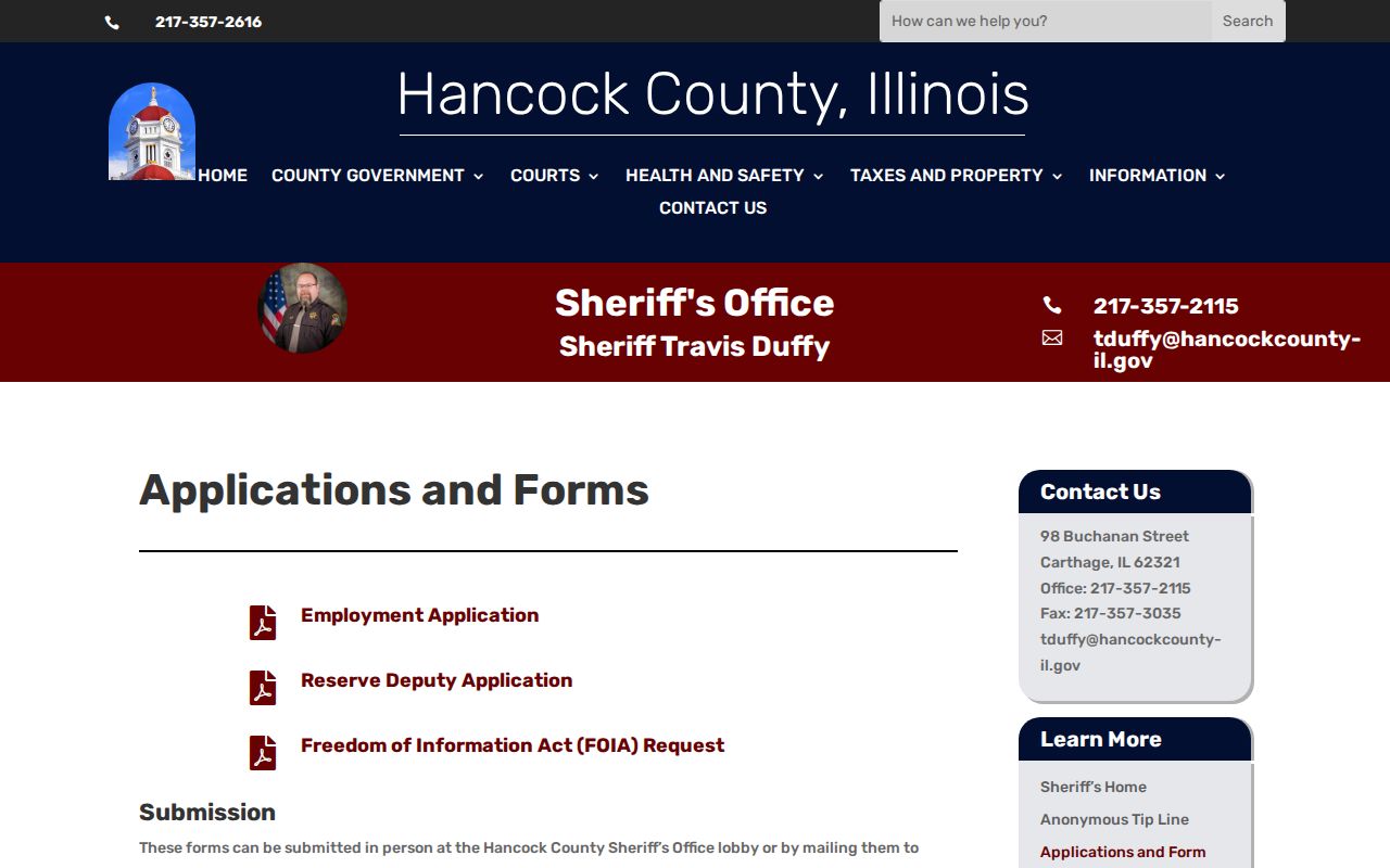 Hancock County Sheriff FOIA forms page for arrest and booking records