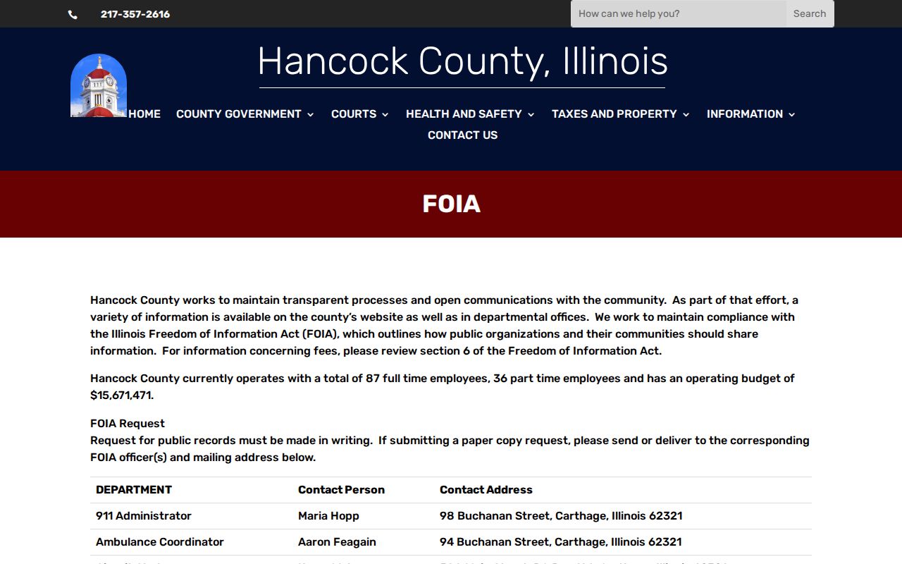 Hancock County FOIA information page for public-record requests