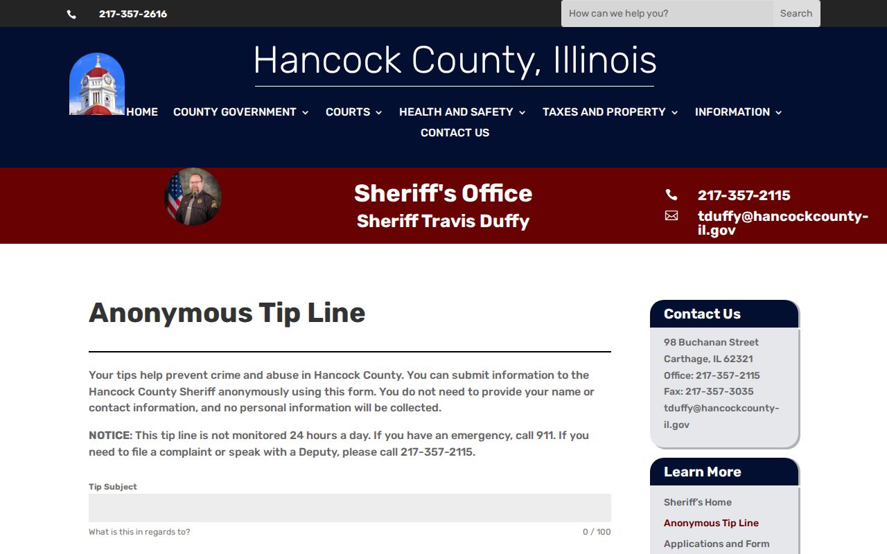 Hancock County Sheriff anonymous tip-line page with emergency guidance