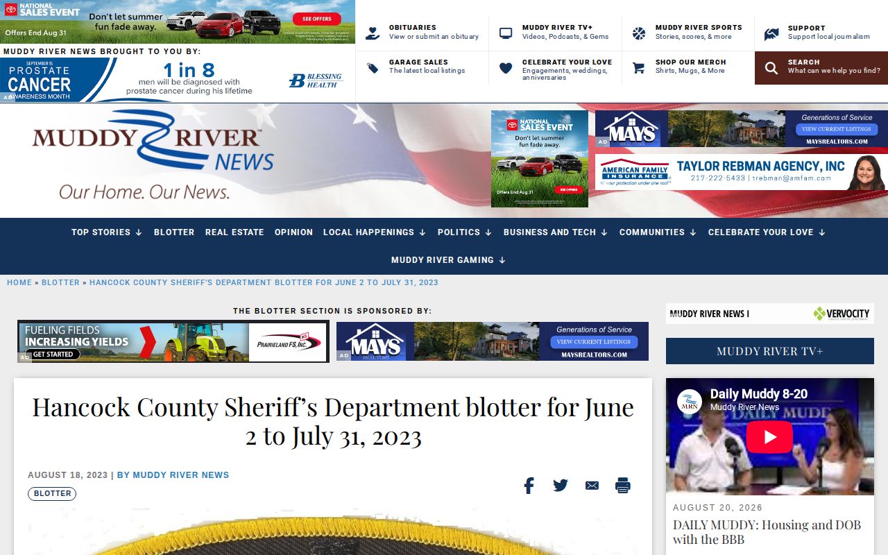 Muddy River News Hancock County blotter with a dated local coverage window