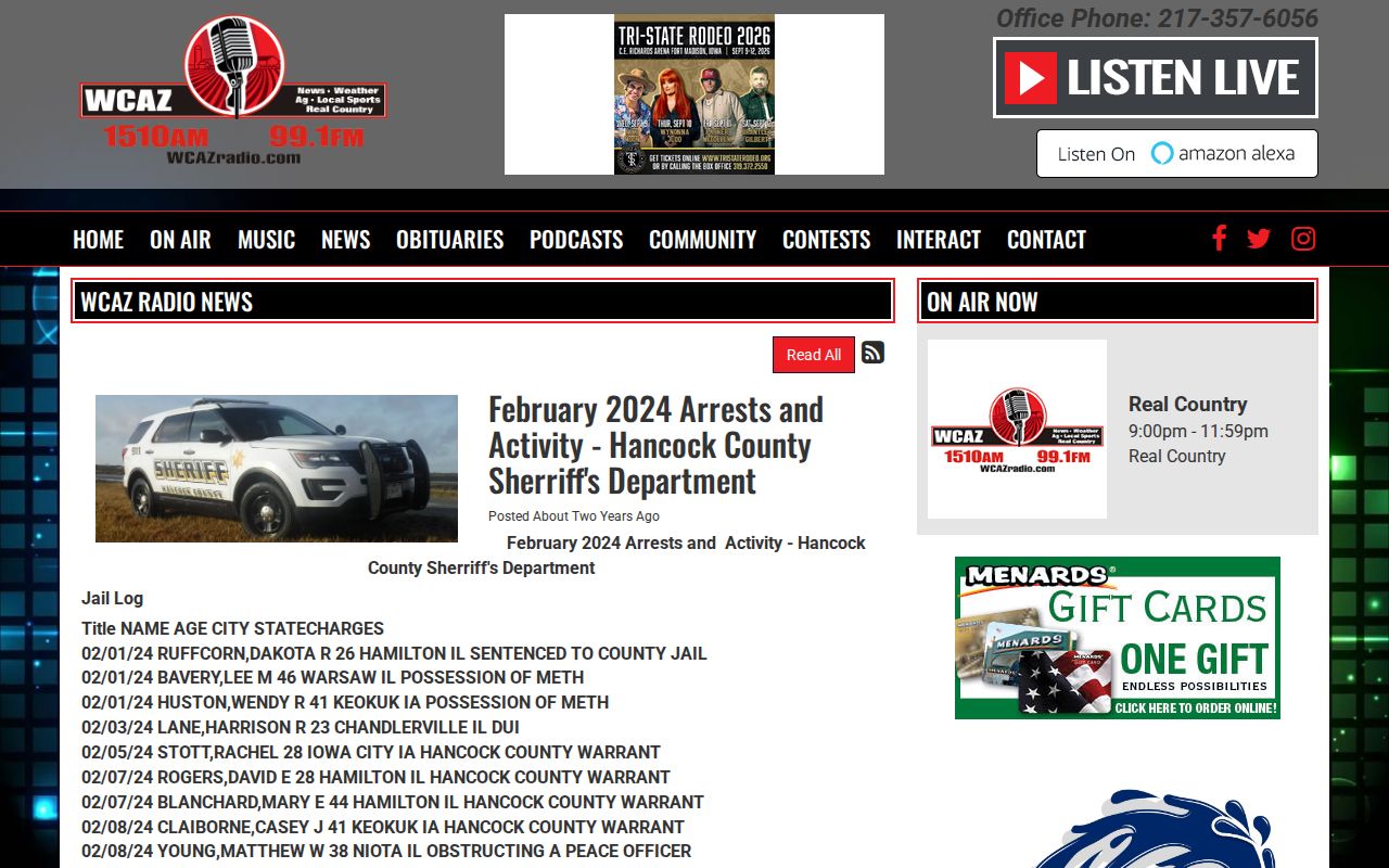 WCAZ local news page with a dated Hancock County arrest report