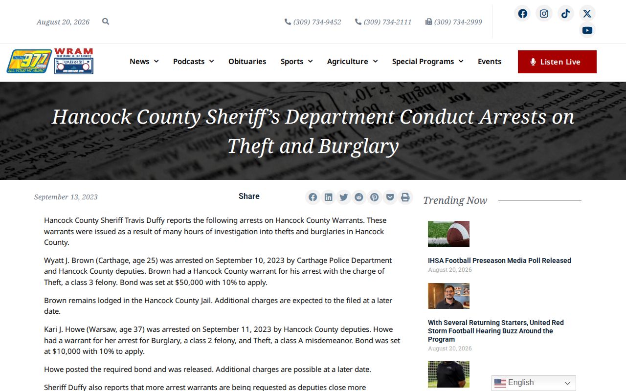 Prairie Communications Hancock County arrest news report with source attribution