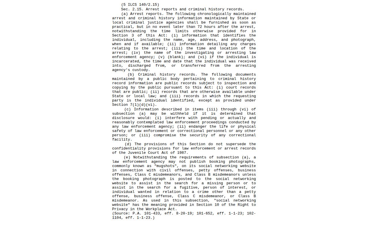 Hancock County Illinois arrest-information law page about booking records and photographs